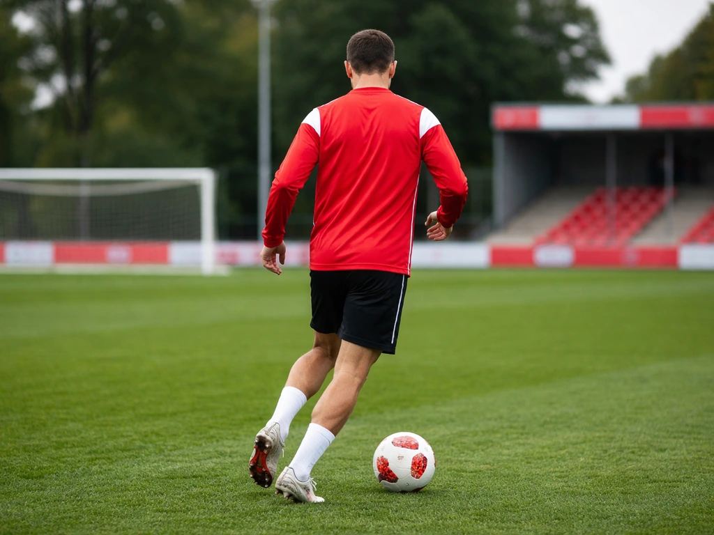 Anonymous footballer in PSV-style training kit controlling a ball on a grass pitch