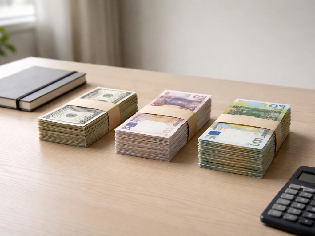 Three currency stacks on a minimal desk with a calculator, symbolizing conflicting net-worth estimates.
