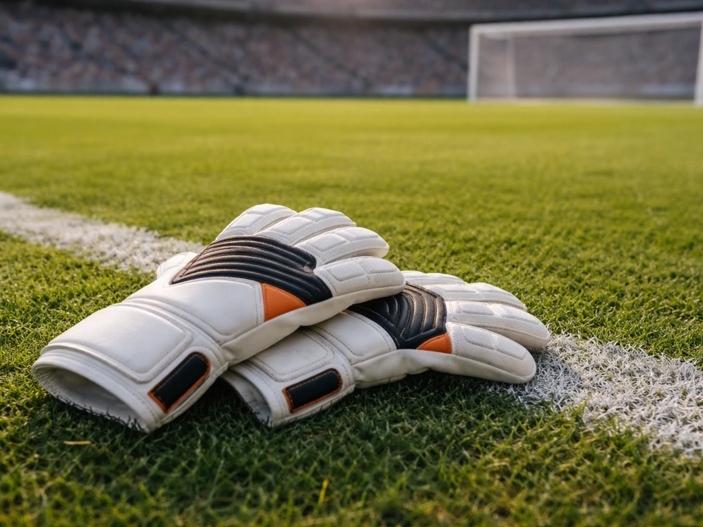 Generic goalkeeper gloves on a football pitch near the goal with a blurred stadium background.