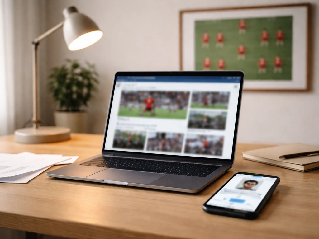 Minimal desk scene with a laptop and phone showing blurred sports profiles for identity verification.