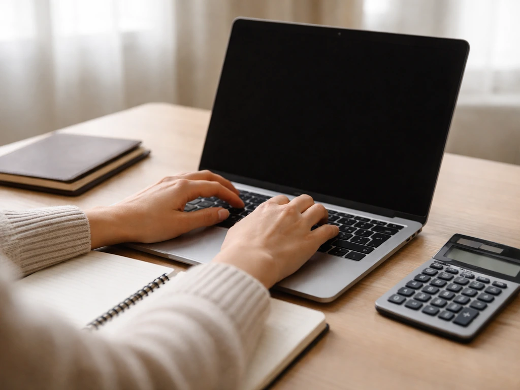 Close-up of hands typing on a laptop beside a notebook and passport folder in a quiet office