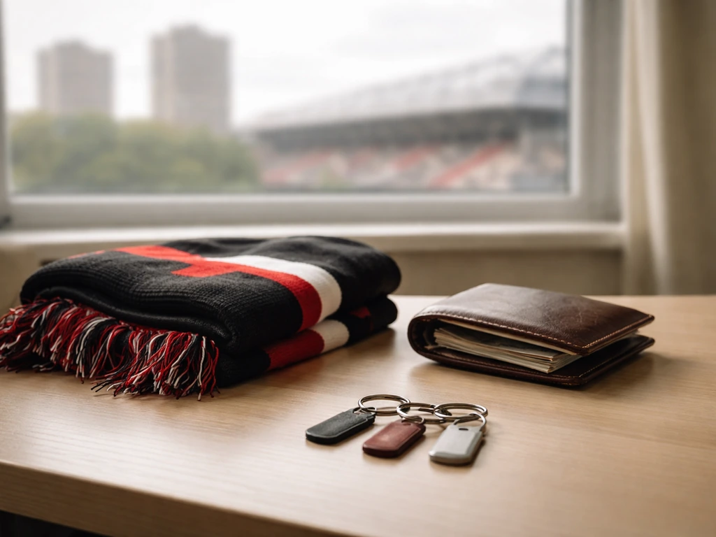 Minimal office desk scene with a football scarf, wallet, and keychains suggesting club stints—no text or logos.