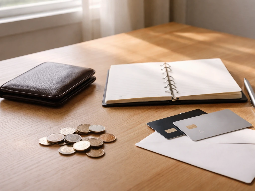 Minimal photo of a budget binder, wallet, and coins on a desk suggesting estimated net worth ranges