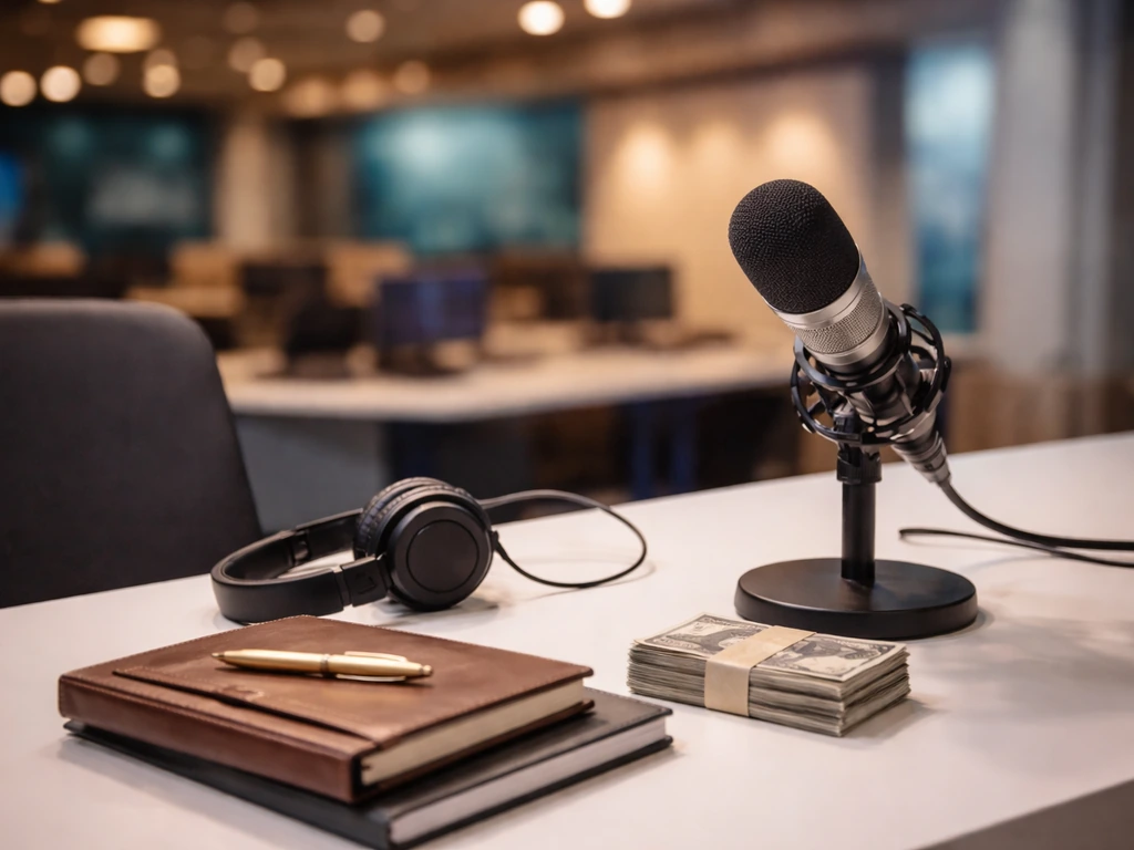 Minimal media-studio desk scene with a microphone and subtle luxury cues symbolizing TV career earnings