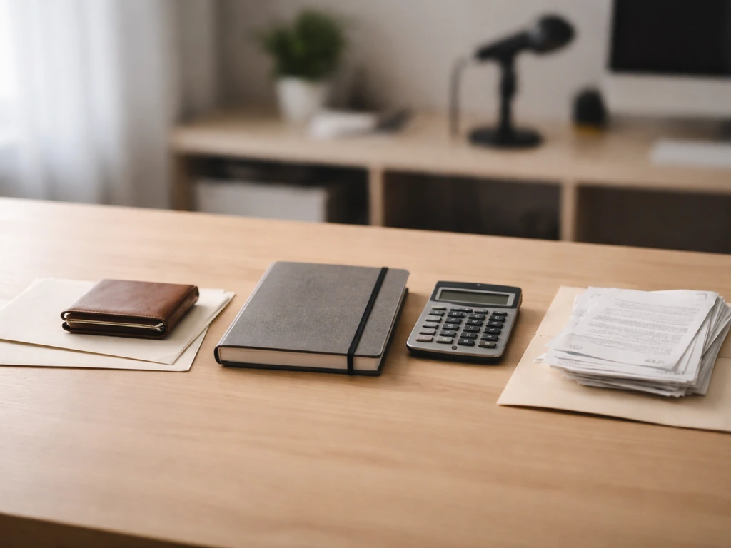 Minimal desk scene with wallet, bills, envelopes, and calculator suggesting assets vs liabilities.