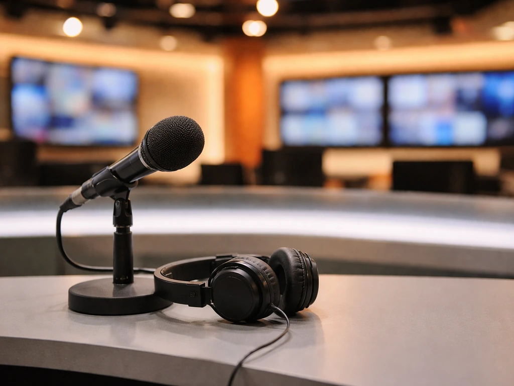 Anonymous TV studio scene symbolizing a Nine Network salary—broadcast desk, microphone, and warm newsroom lighting.
