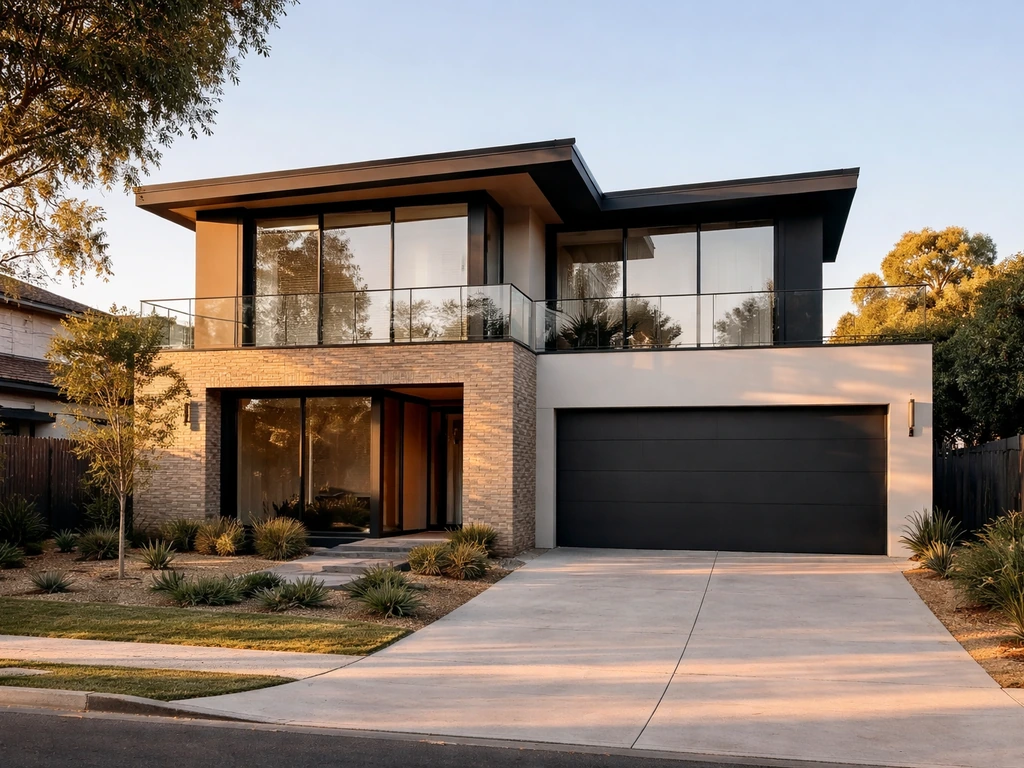 Sunlit modern Australian home exterior suggesting property investment and wealth