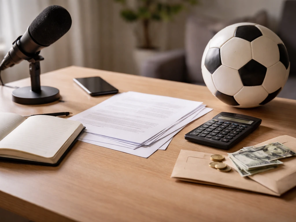 Minimal photo of a football-themed desk with contract papers, calculator, and a ball beside money symbols