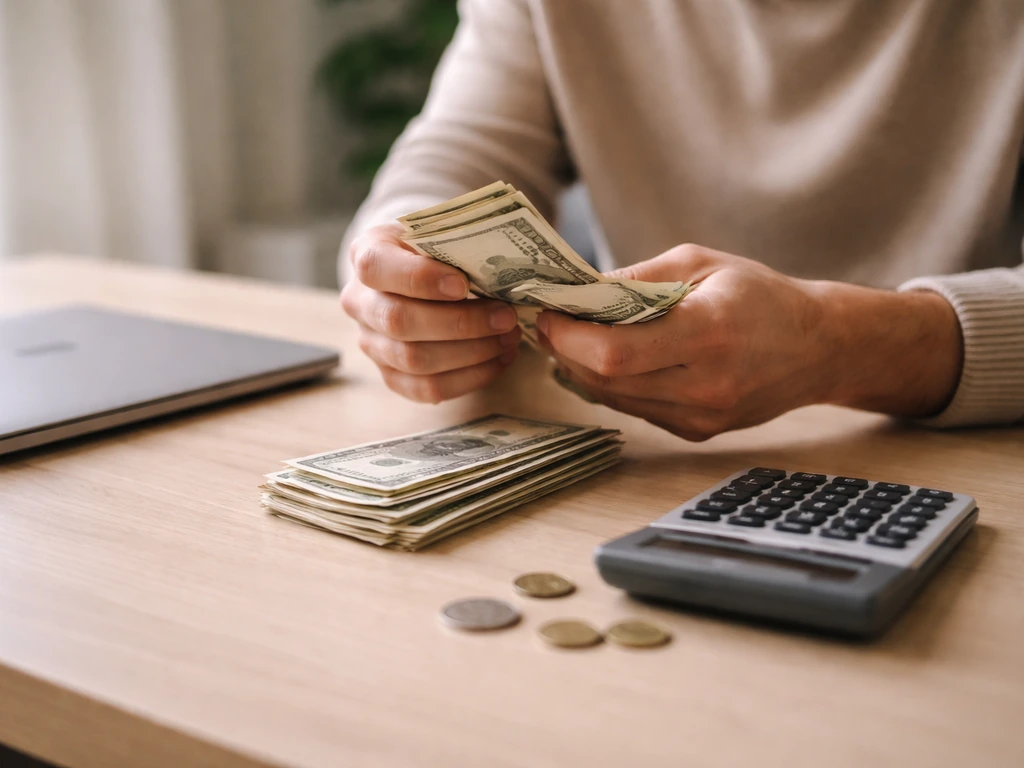 Person counting cash beside a laptop with a simple annual-money vibe in a quiet office