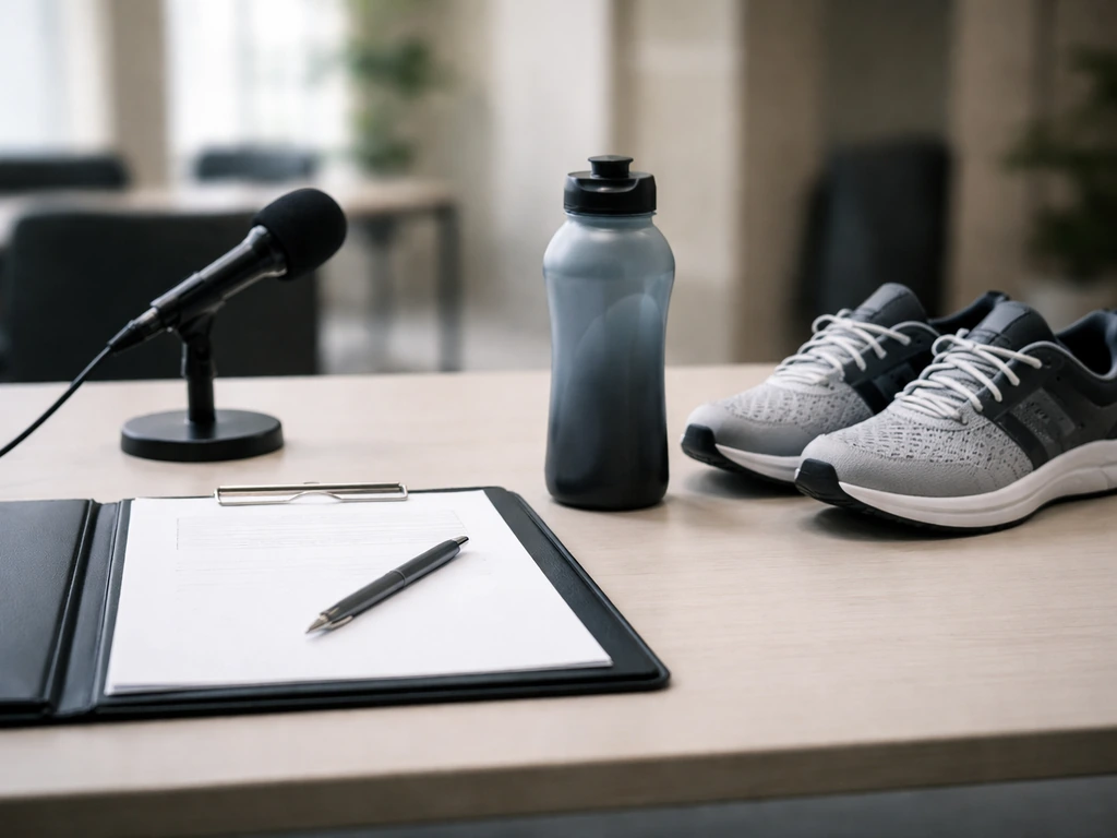 Minimal office table with blank contract pages, generic sports gear, and a microphone suggesting sponsorships.