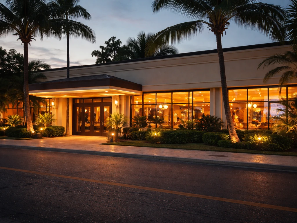 Warm-lit casino exterior in the Dominican Republic at dusk, palms by the entrance, no people