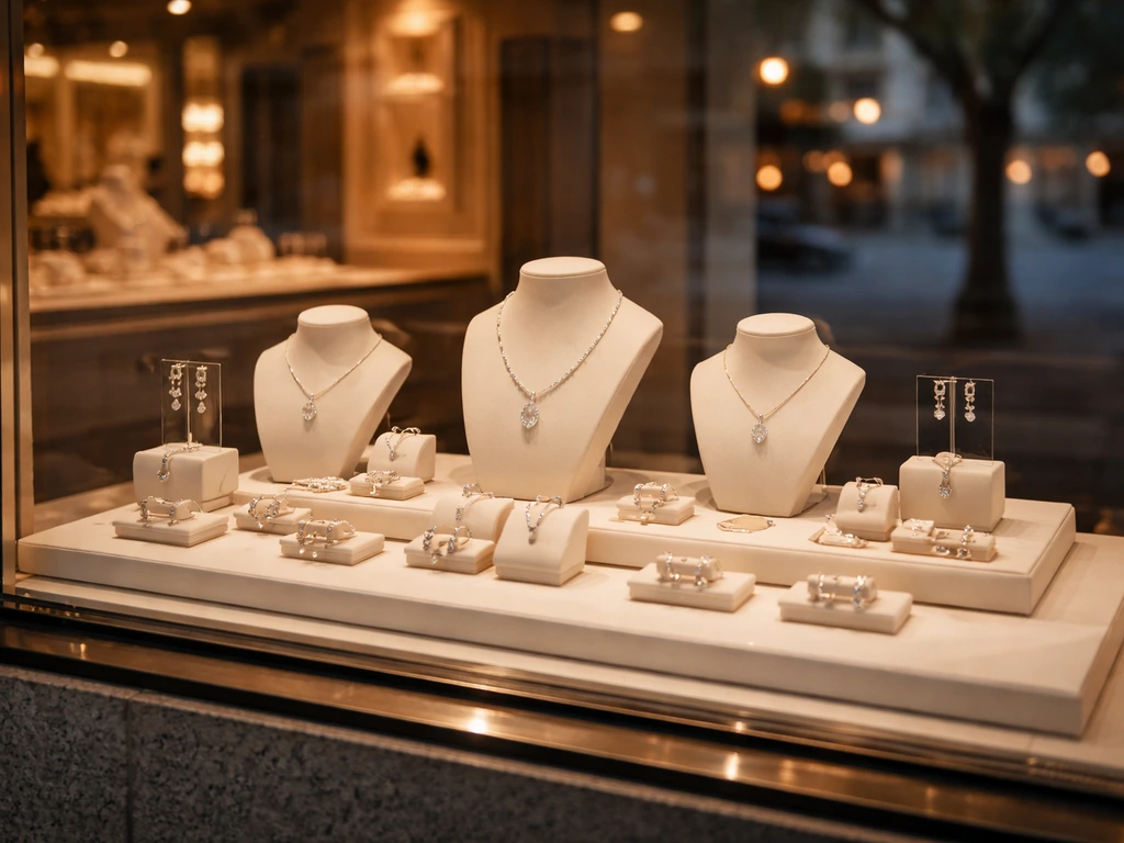 Jewelry store front in Argentina with a glass display case showing sparkling accessories.