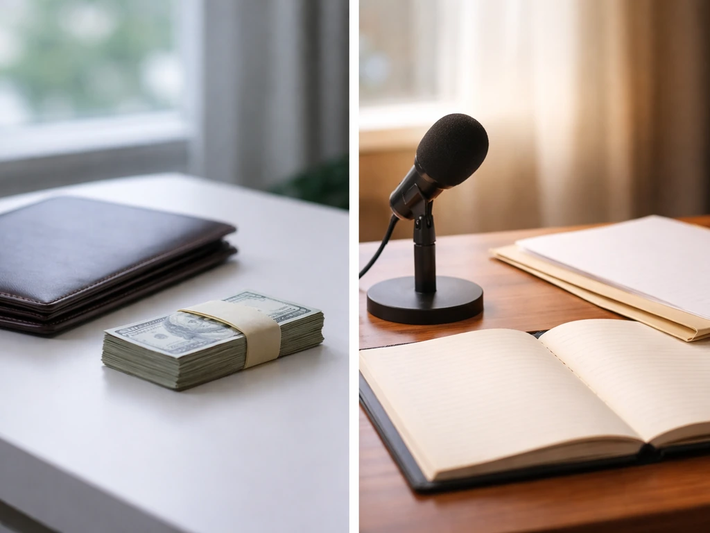 Split scene of a desk with money and a portfolio on one side, and a microphone and blank documents on the other.