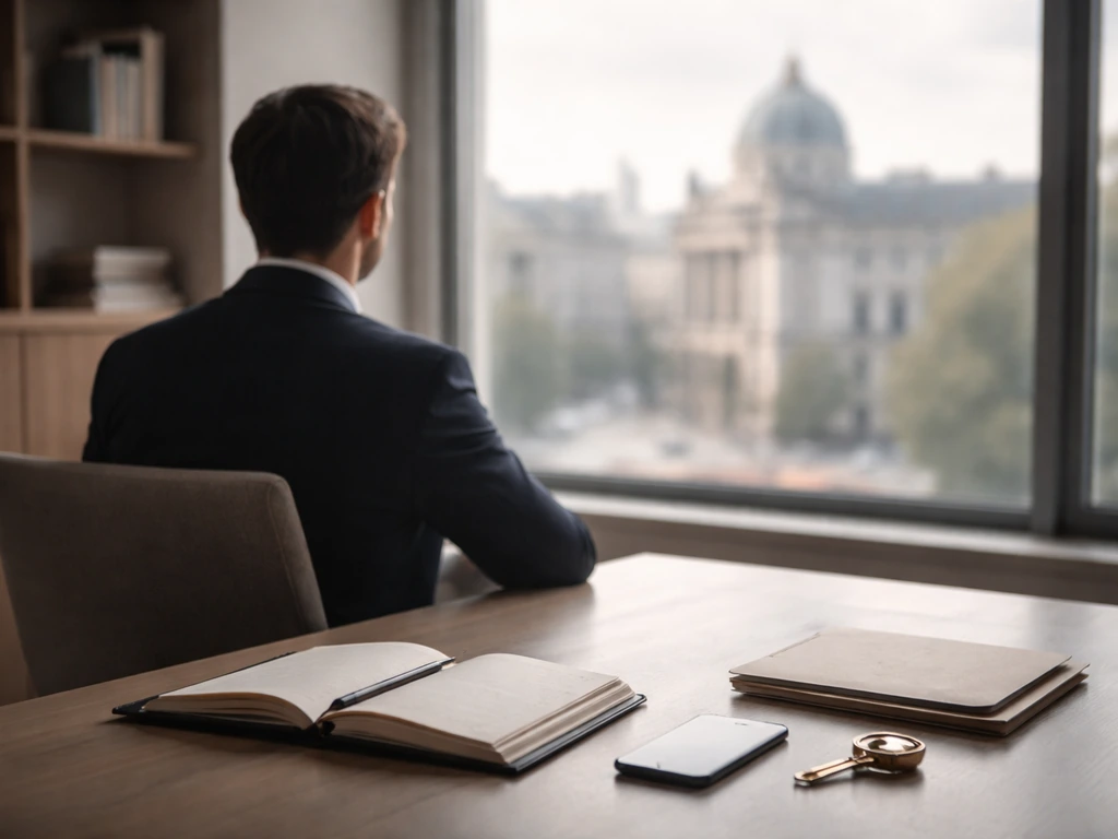 Minimal office desk scene with anonymous finance professional, skyline window view, and wealth-related objects.
