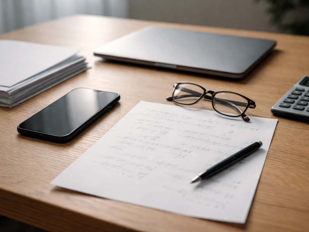Minimal desk scene with laptop, smartphone, documents, and calculator suggesting net worth source verification