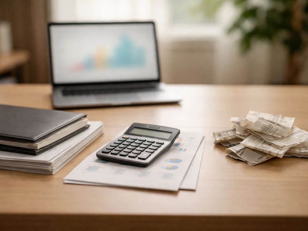 Minimal office desk with scattered financial documents, a calculator, and a laptop showing market charts blurred out