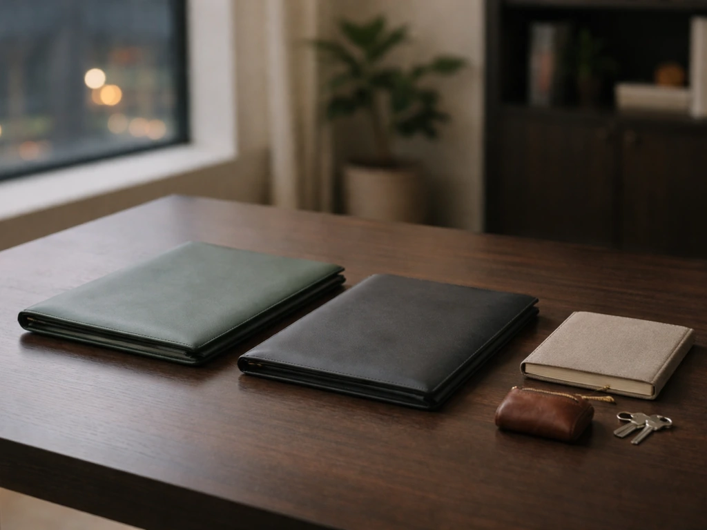 Minimal desk scene with two folders, coins, and office background symbolizing assets vs liabilities.
