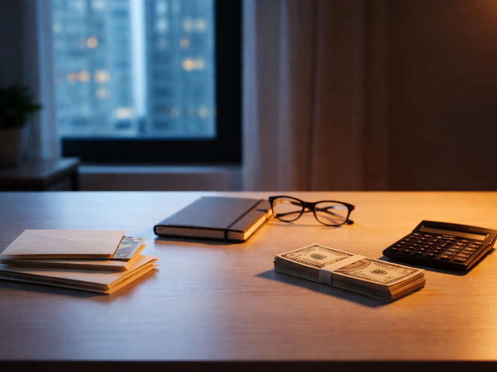 Minimal office desk with split lighting and scattered cash envelopes symbolizing differing net-worth estimates