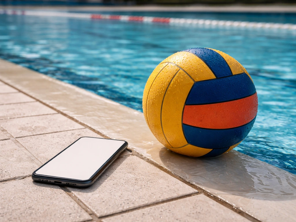 Minimal photo of a water polo ball resting near a pool edge beside a smartphone for financial verification theme.