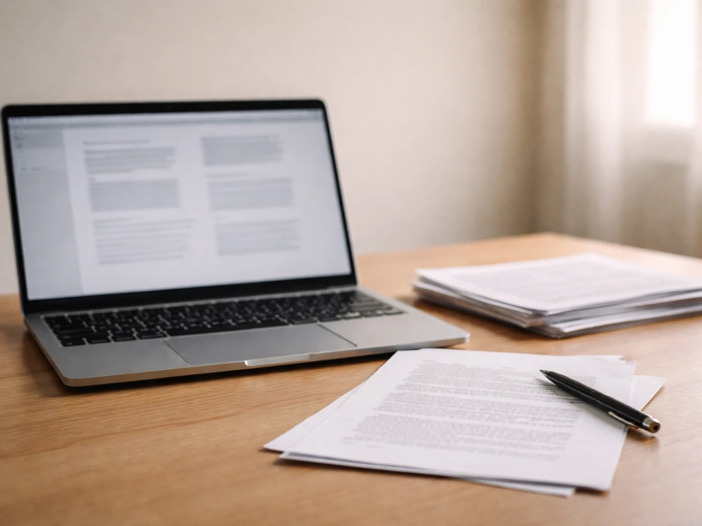 Laptop showing blurred folder tabs and email-like threads, with a paper contract near a pen, evidence-style.