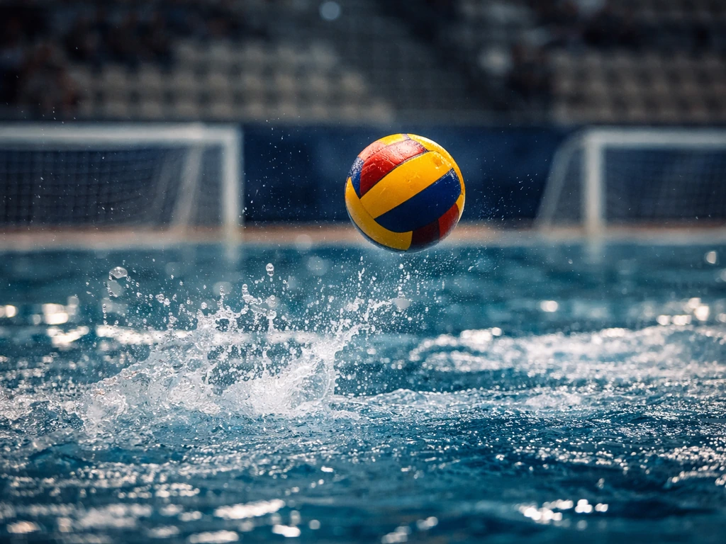 Dramatic water polo ball mid-air above splashing blue water in a high-level pool setting.