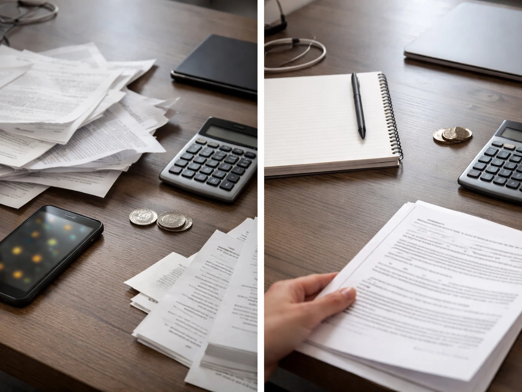 Diptych of messy vs organized anonymous desk scene, showing currency/time mismatch and wrong numbers concept.