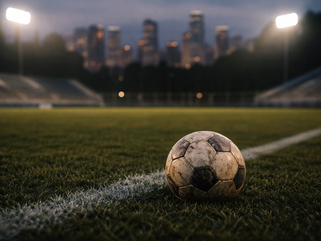 Empty football stadium seat with a worn training ball and a subtle wealth-focused city backdrop at dusk.