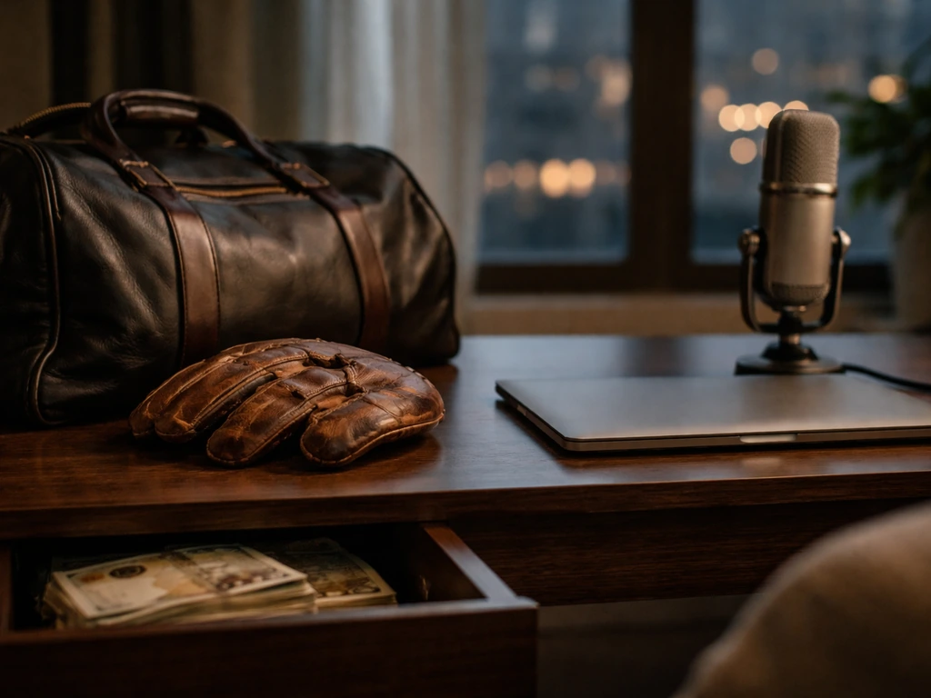 Minimal luxury desk scene with euro notes, football glove, and studio microphone, symbolizing peak-career earnings.