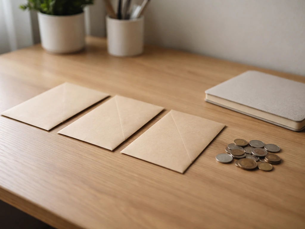 Minimal office desk scene with three blank envelopes and scattered coins, symbolizing differing money estimates.