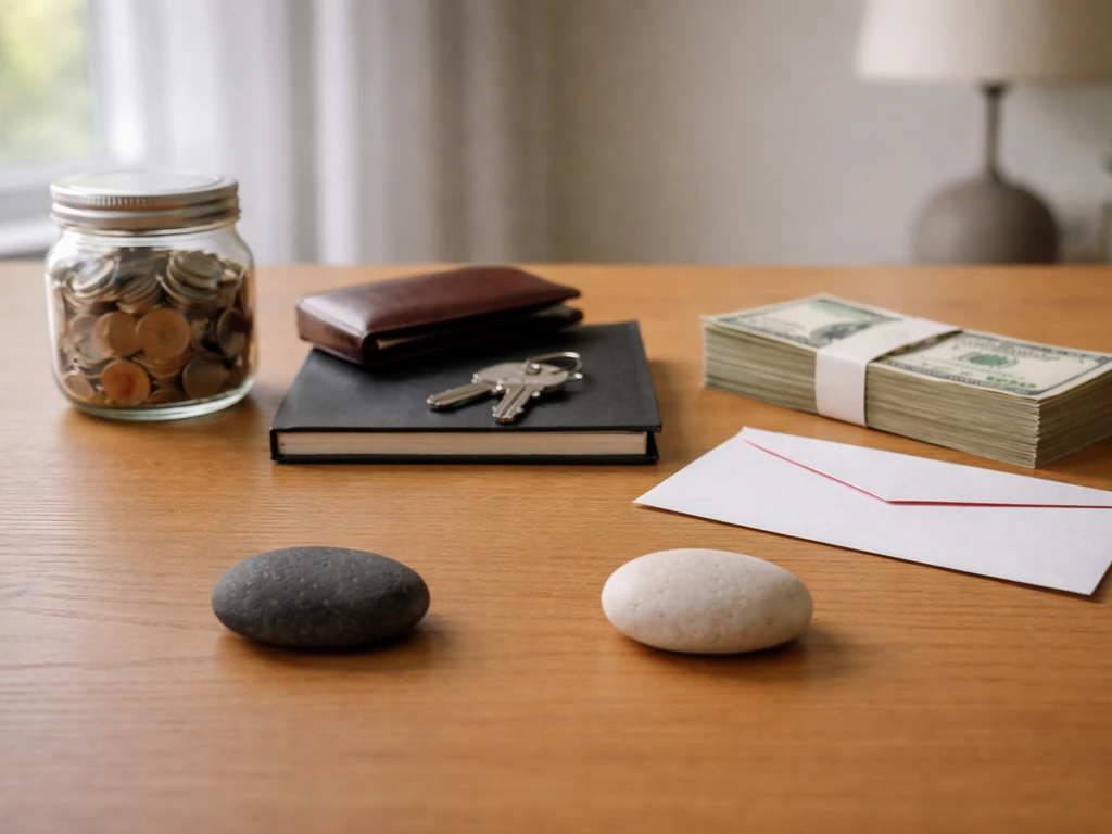 Minimal desk scene showing coins, keys, and bills split from a single dark stone to suggest assets vs liabilities.