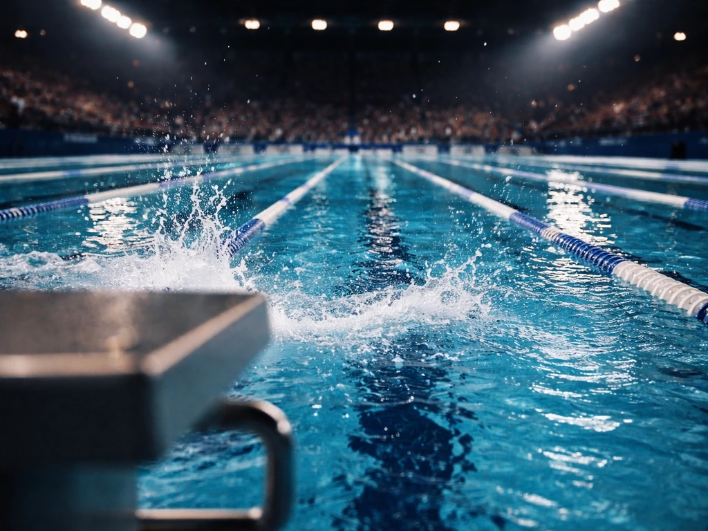 2008 Beijing Olympic-style pool moment with rippling water and distant grandstand lights