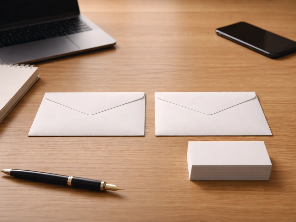 Minimal desk scene with unmarked envelopes, blank notepad, pen, and phone, symbolizing comparison of net worth estimates