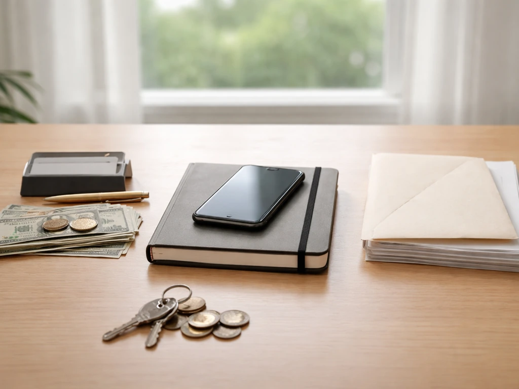Minimal desk scene with a smartphone, keys, and envelopes beside a small pile of coins symbolizing assets vs liabilities