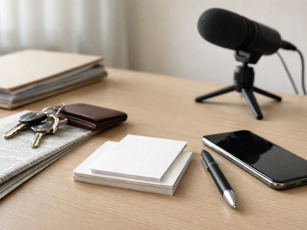 Minimal desk scene with blank notecards, pen, smartphone, and microphone symbolizing credible financial sources.