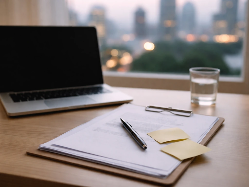 Minimal office desk with papers, pen, and blurred city view suggesting net worth range cross-checking