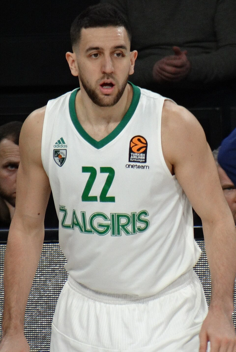 Vasilije Micić in a Žalgiris basketball uniform during a EuroLeague game