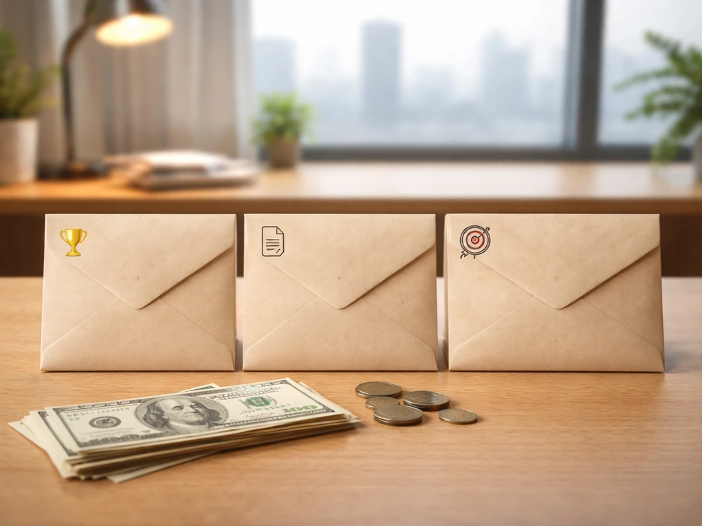 Minimal photo of three separate envelopes labeled by icons: contract, bonus, and performance incentives