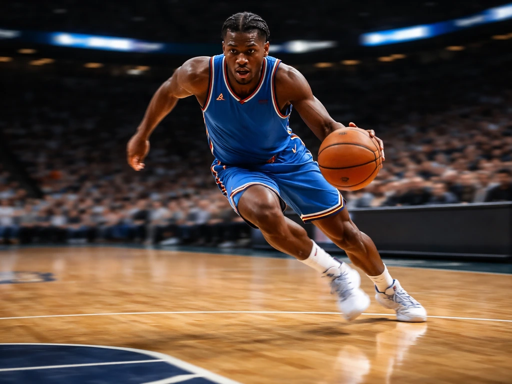 Anonymous player in blue Oklahoma City Thunder-style jersey dribbling on an NBA court