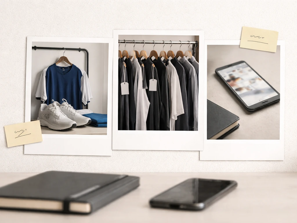 Minimal desk collage showing sports gear, a smartphone with blurred social content, and hint of analysis.