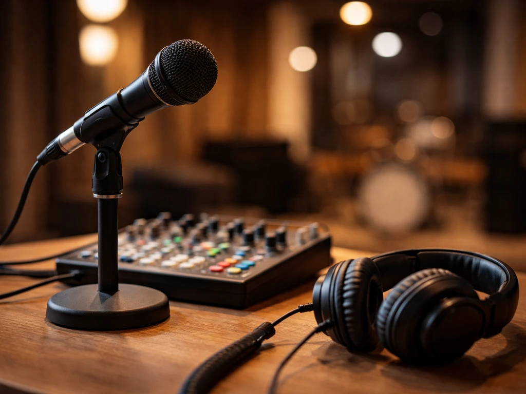 Unbranded microphone and headphones in a quiet recording studio with warm stage light blur behind it.