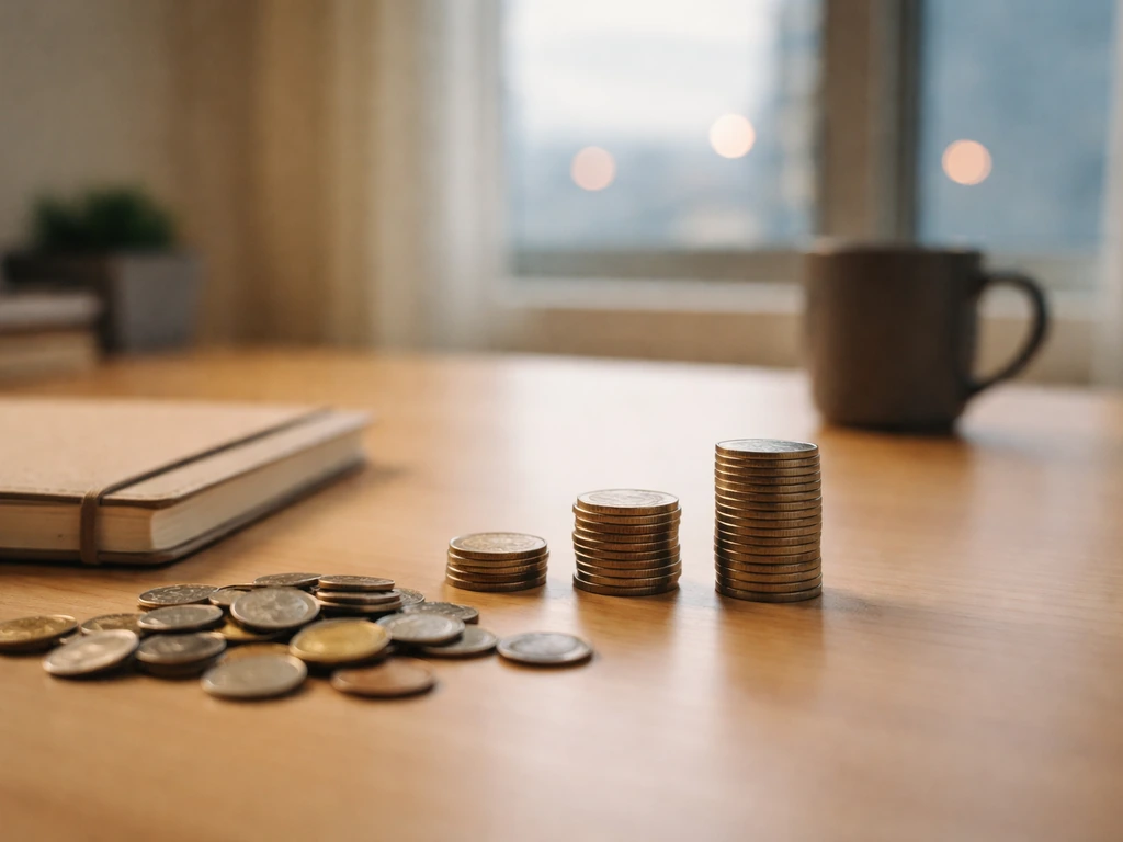 Minimal office desk with scattered coins and a notebook, symbolizing a net-worth range breakdown.