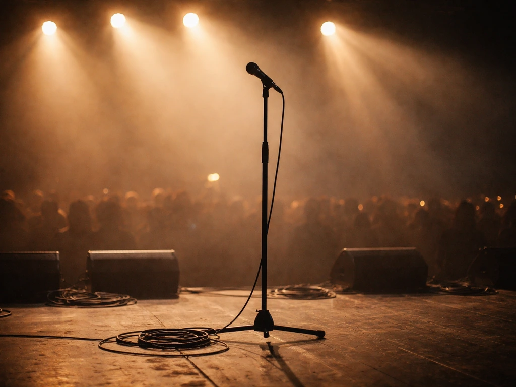 Illuminated concert stage with a standing microphone and soft audience silhouettes in the background.