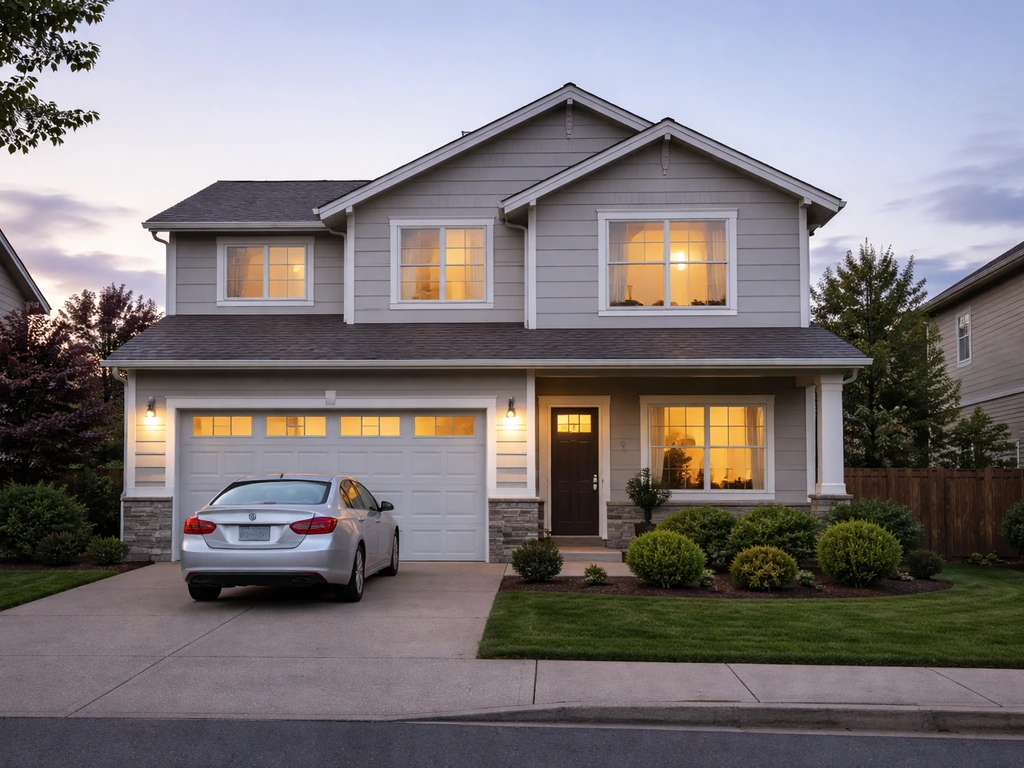Quiet residential house exterior with driveway and front yard, photographed from the street at eye level.