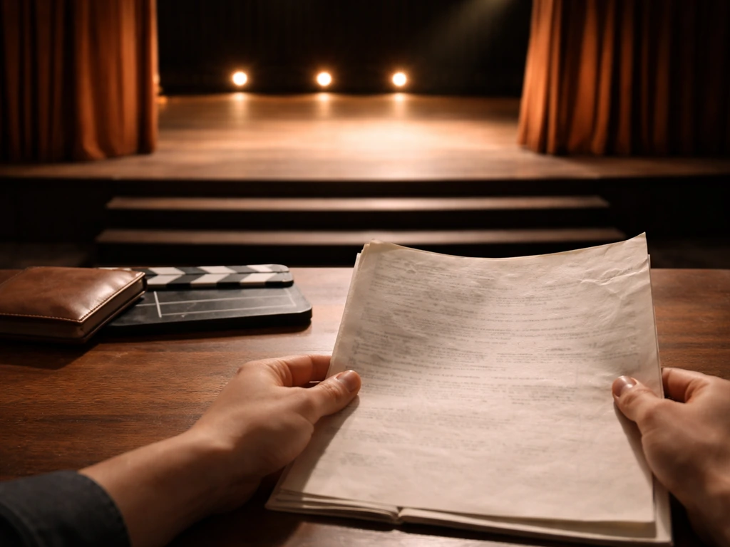 Empty stage with warm lights and a desk holding a script and clapperboard, suggesting early acting career.