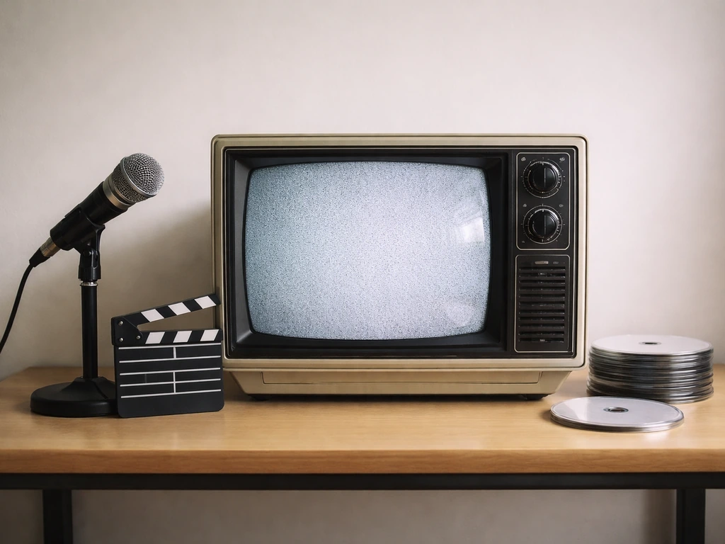 Minimal desk scene with a vintage TV set and film clapperboard, suggesting TV-dominant income sources.