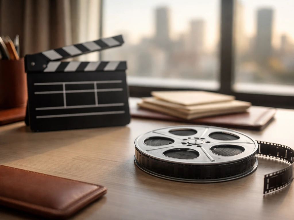 Minimal media-and-film themed scene with cinematic clapperboard and subtle luxury cues