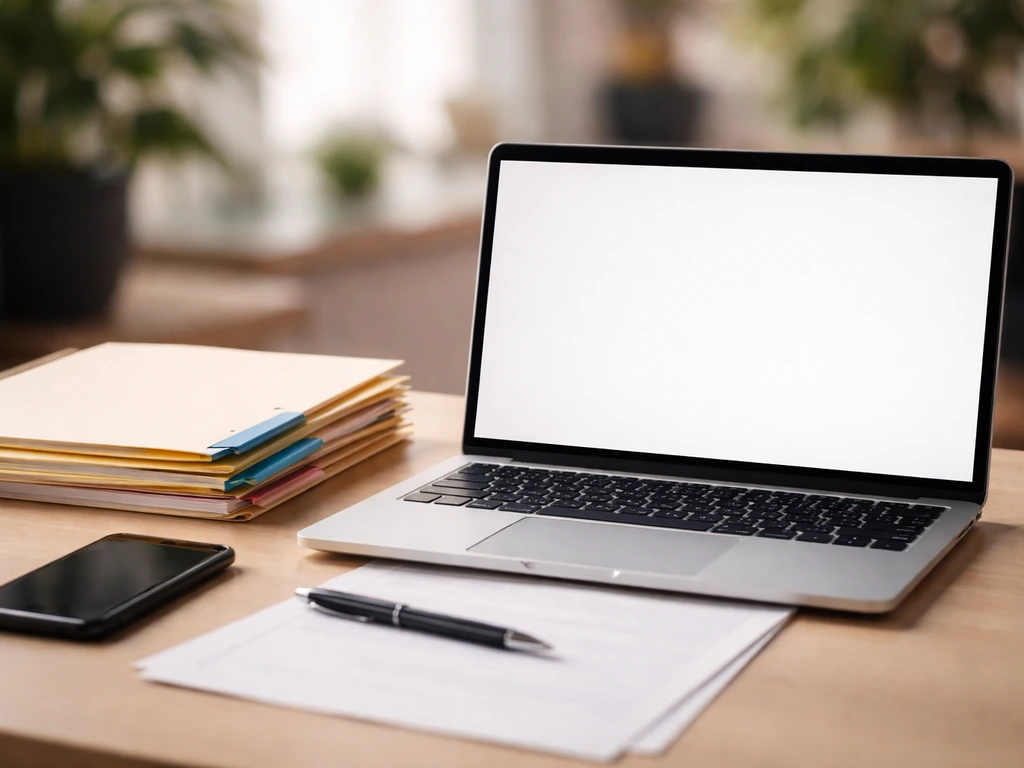 Minimal desk scene with a laptop, open folders, and a phone beside documents for verifying business and property claims.