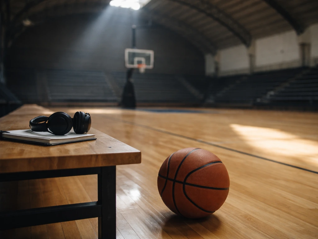 Basketball resting in an empty gym with headphones and notebook on a bench, symbolic and non-identifiable.
