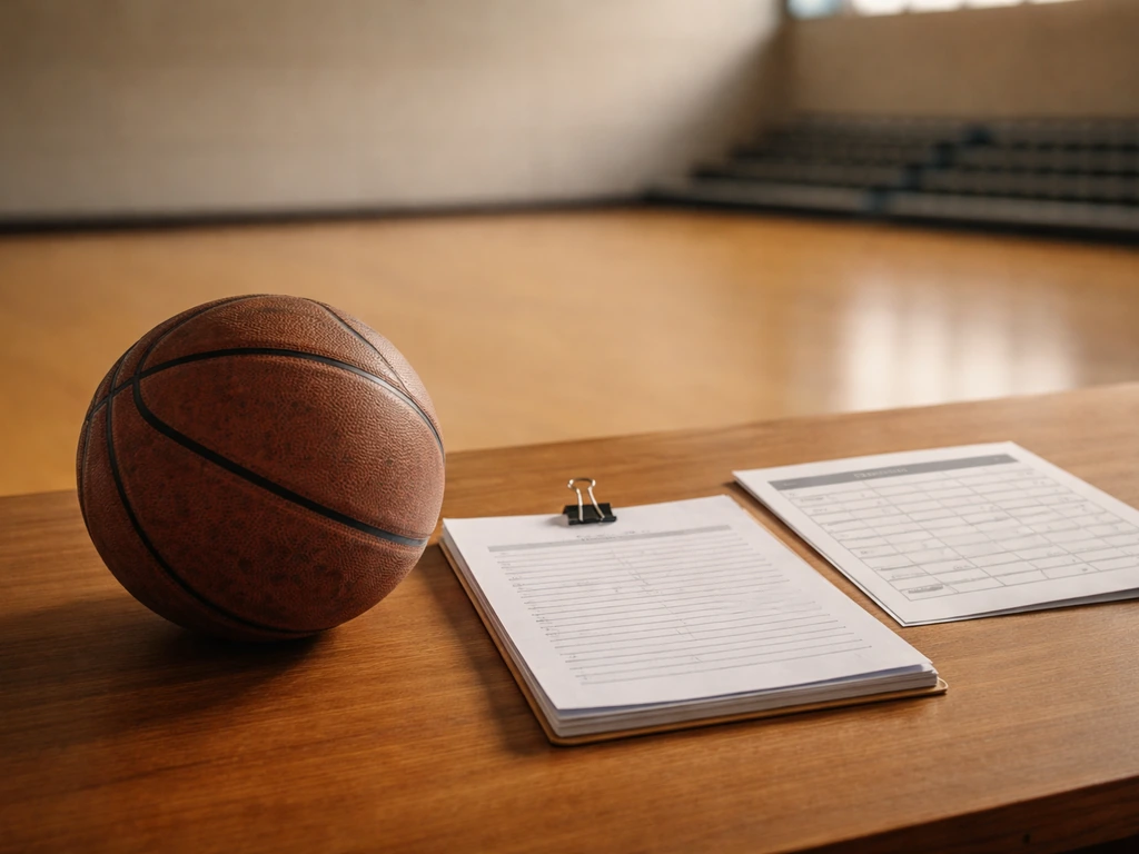 Basketball, contract papers, and a taped schedule page on a desk, suggesting pro league playing-contract income.