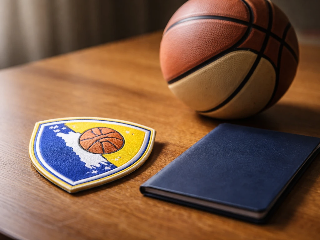 Close-up of Bosnia-and-Herzegovina national team insignia patch, FIBA ball, and passport-style folder on a table.